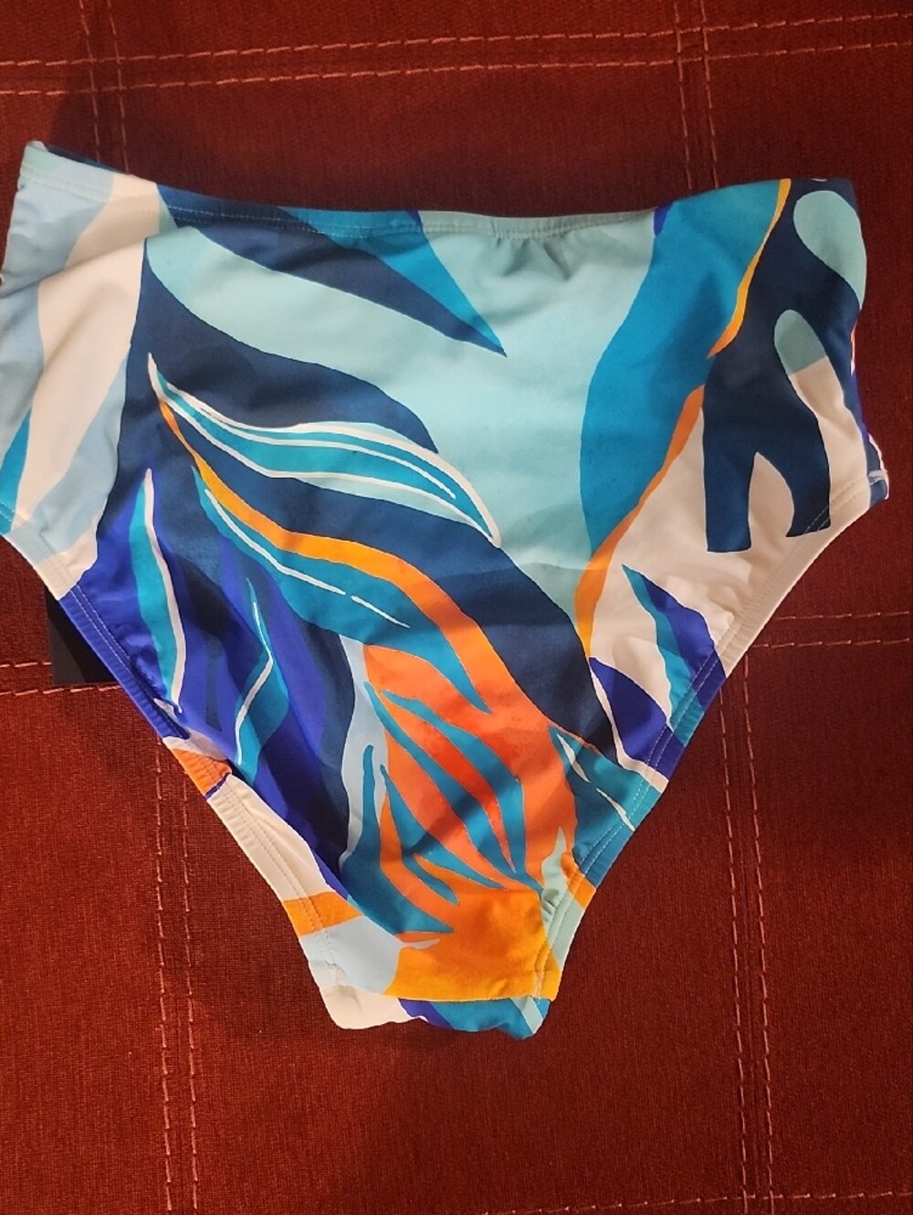 La Blanca High-Waist Bikini Bottoms in Blue, Orange & White Leaf Print - Picture 6 of 6